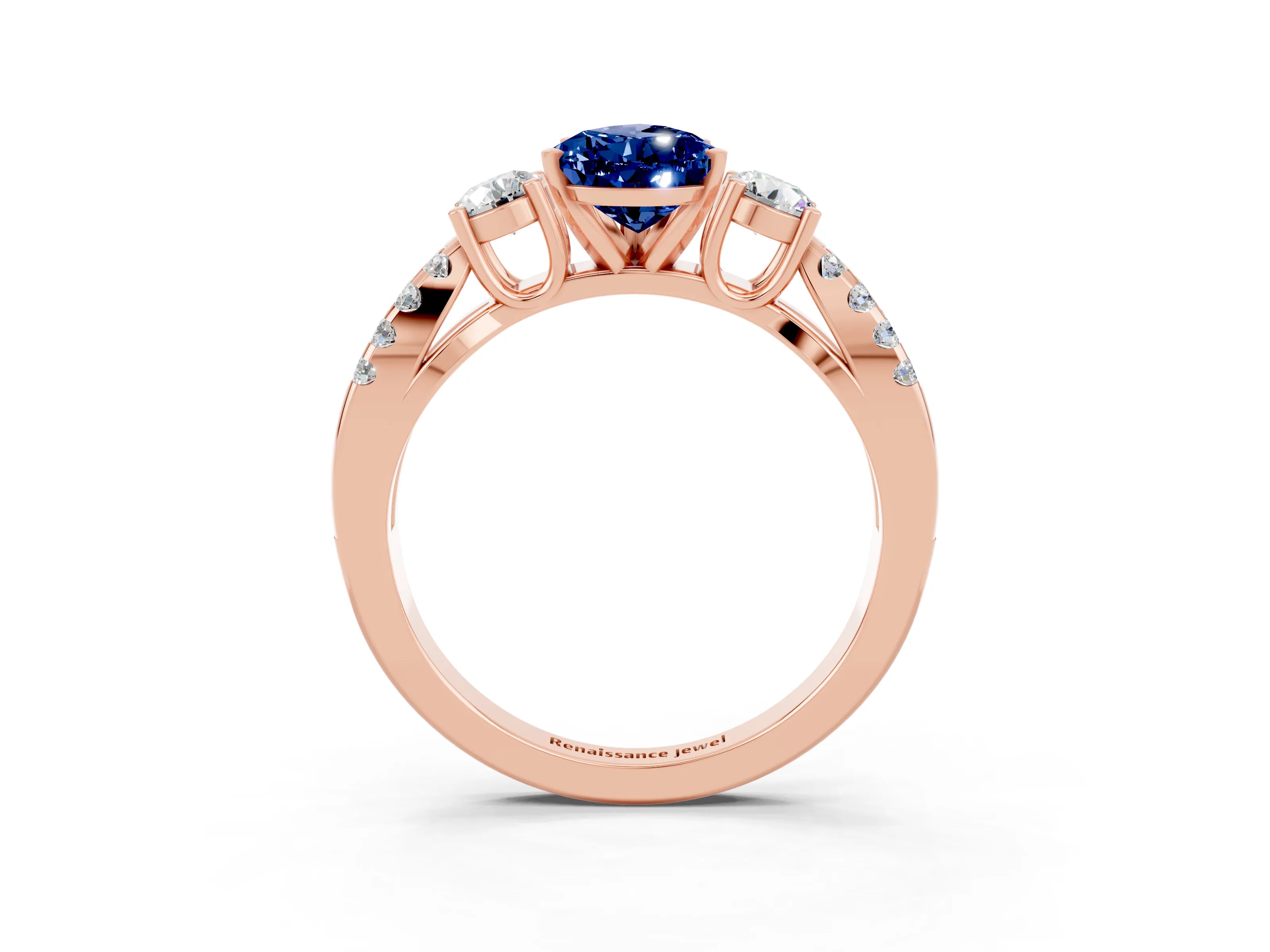 Rose gold Pear Cut Blue Sapphire Three-Stone Ring with Pavé Split Shank and Four-Prong Setting_15