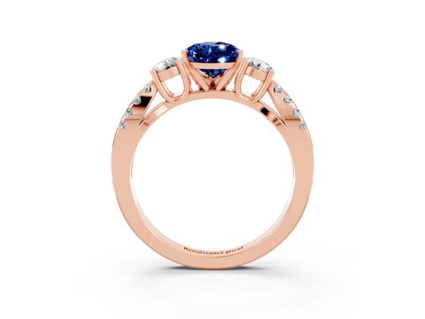 Rose gold Pear Cut Blue Sapphire Three-Stone Ring with Pavé Split Shank and Four-Prong Setting_15