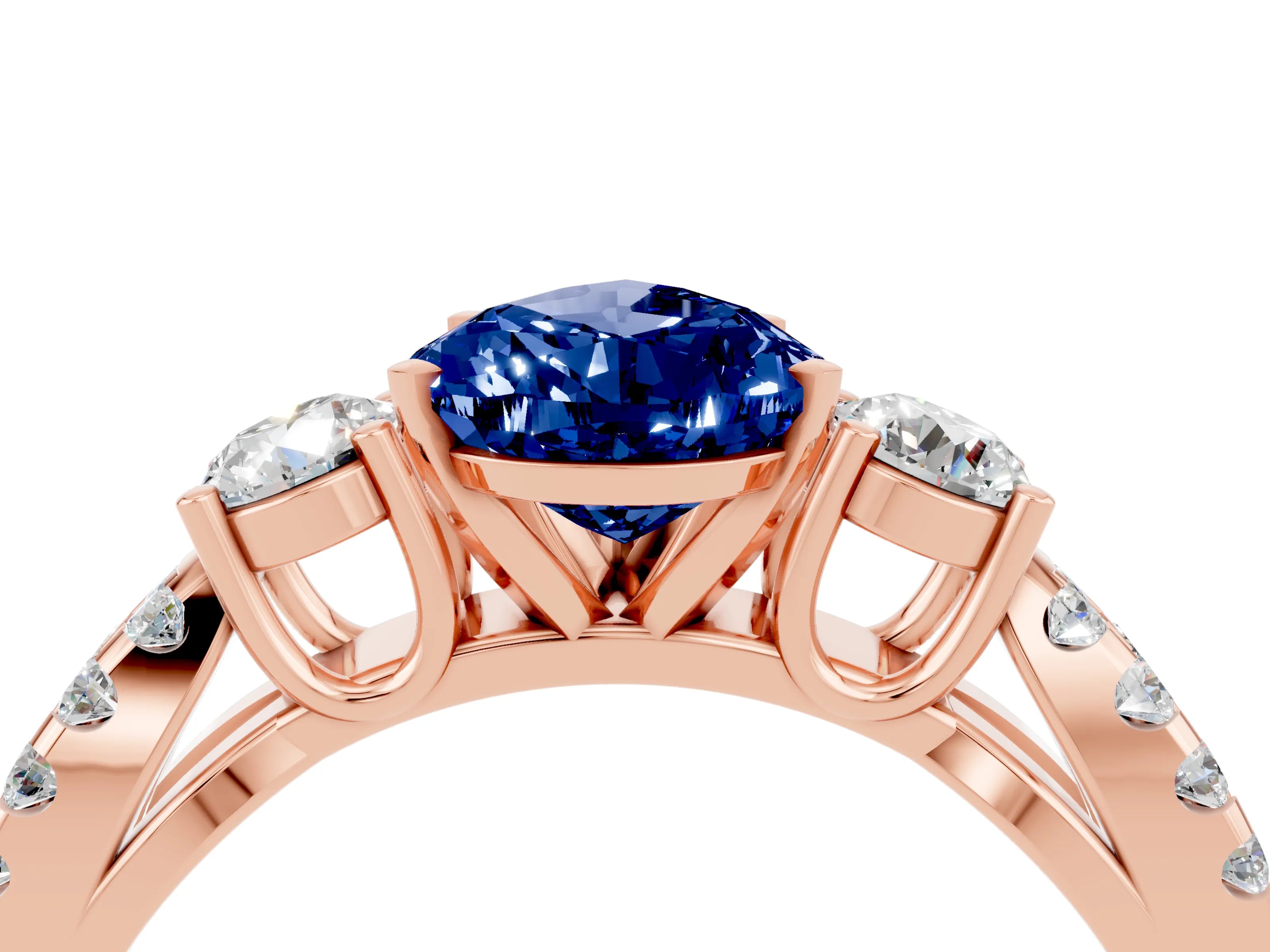 Rose gold Pear Cut Blue Sapphire Three-Stone Ring with Pavé Split Shank and Four-Prong Setting_16