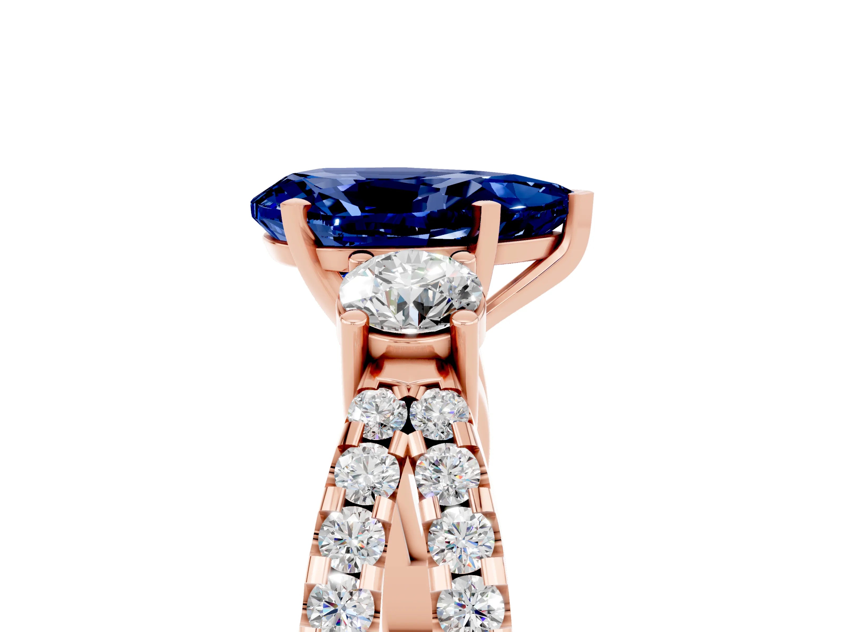 Rose gold Pear Cut Blue Sapphire Three-Stone Ring with Pavé Split Shank and Four-Prong Setting_17