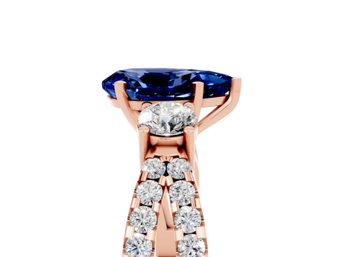 Rose gold Pear Cut Blue Sapphire Three-Stone Ring with Pavé Split Shank and Four-Prong Setting_17