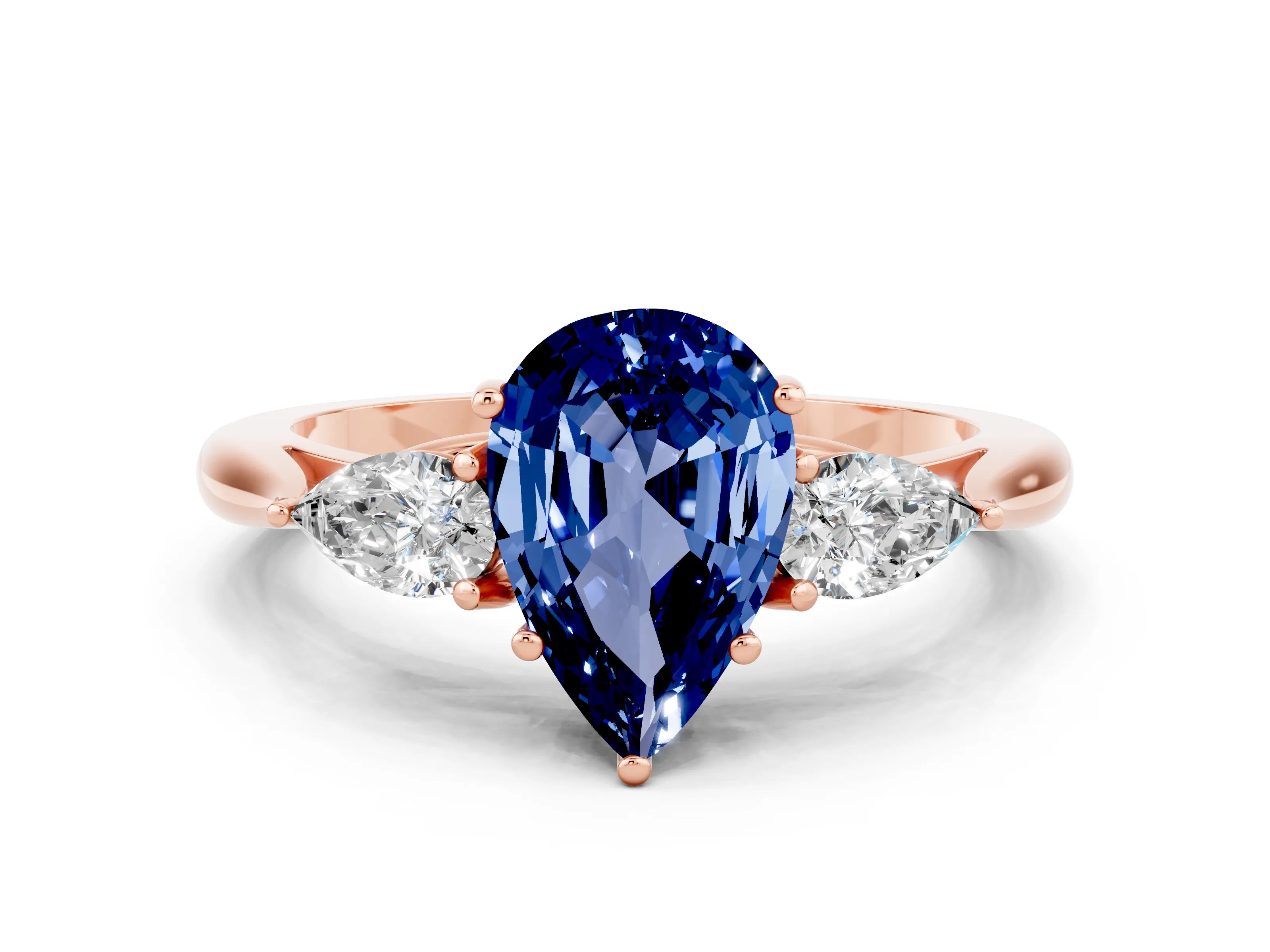 Rose gold Pear Cut Blue Sapphire Three-Stone Ring with Pear Side Stones and Four-Prong Setting_12