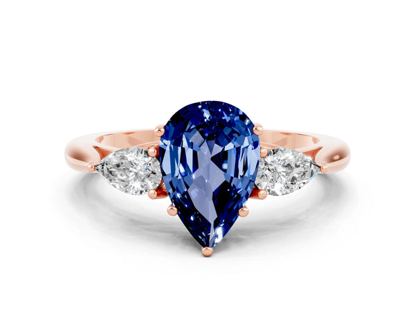 Rose gold Pear Cut Blue Sapphire Three-Stone Ring with Pear  Side Stones and Prong Setting