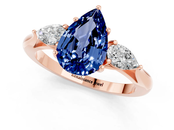 Rose gold Pear Cut Blue Sapphire Three-Stone Ring with Pear  Side Stones and Prong Setting