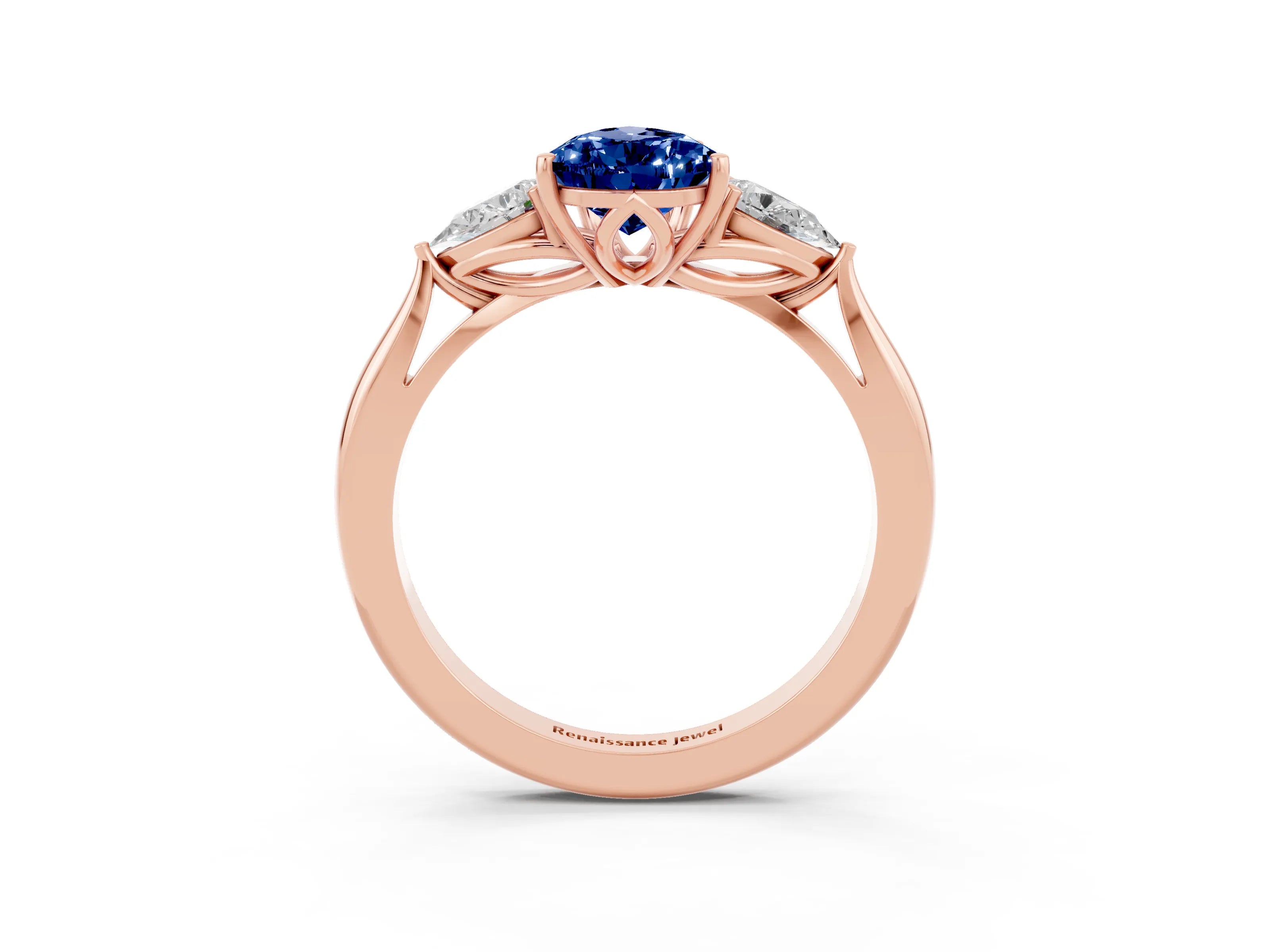 Rose gold Pear Cut Blue Sapphire Three-Stone Ring with Pear Side Stones and Four-Prong Setting_15