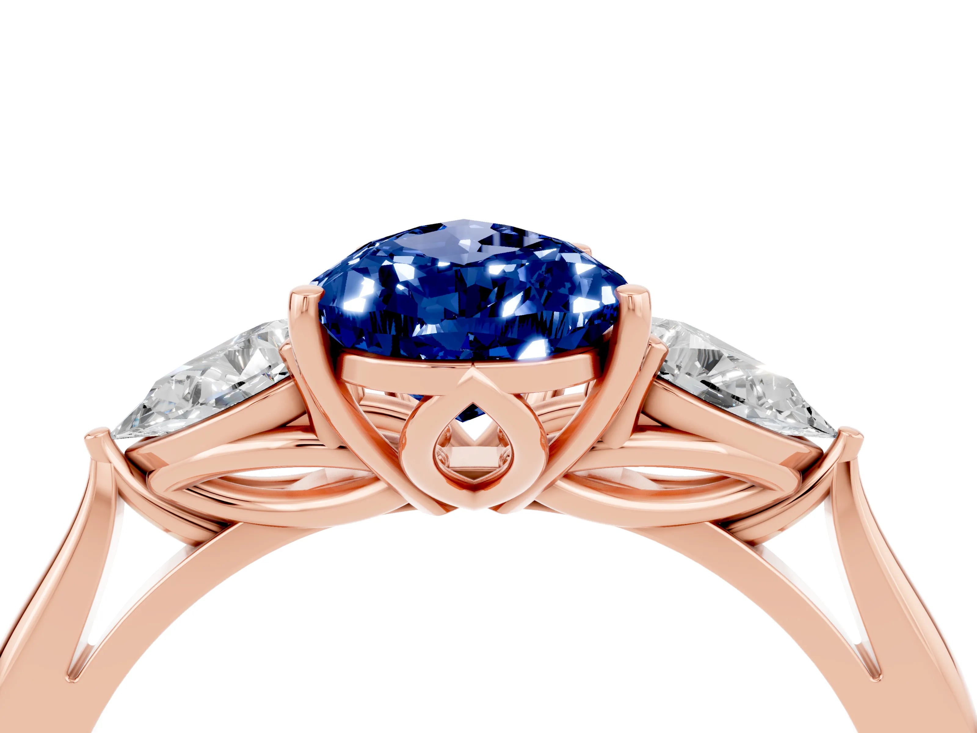 Rose gold Pear Cut Blue Sapphire Three-Stone Ring with Pear Side Stones and Four-Prong Setting_16