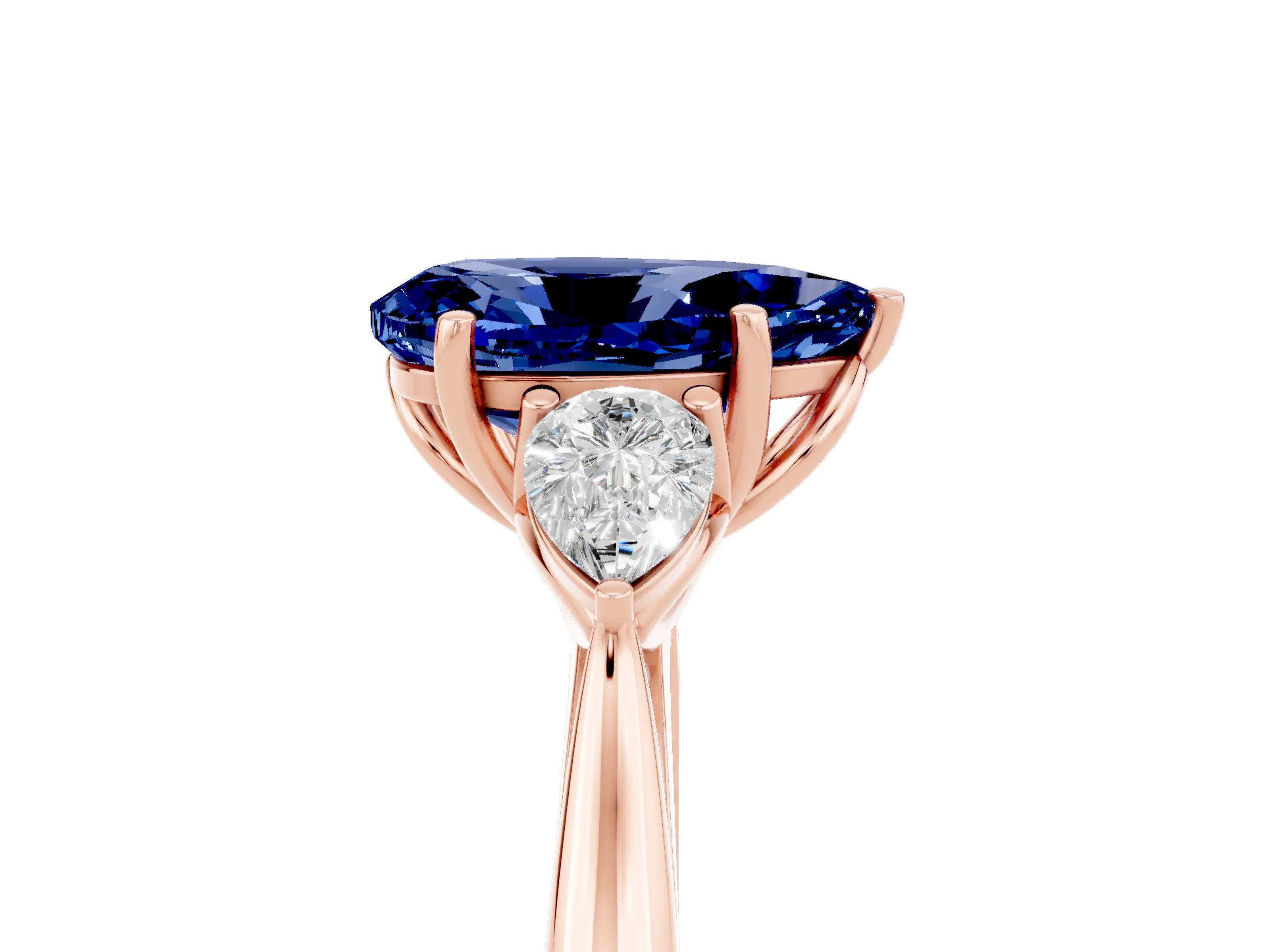 Rose gold Pear Cut Blue Sapphire Three-Stone Ring with Pear Side Stones and Four-Prong Setting_17