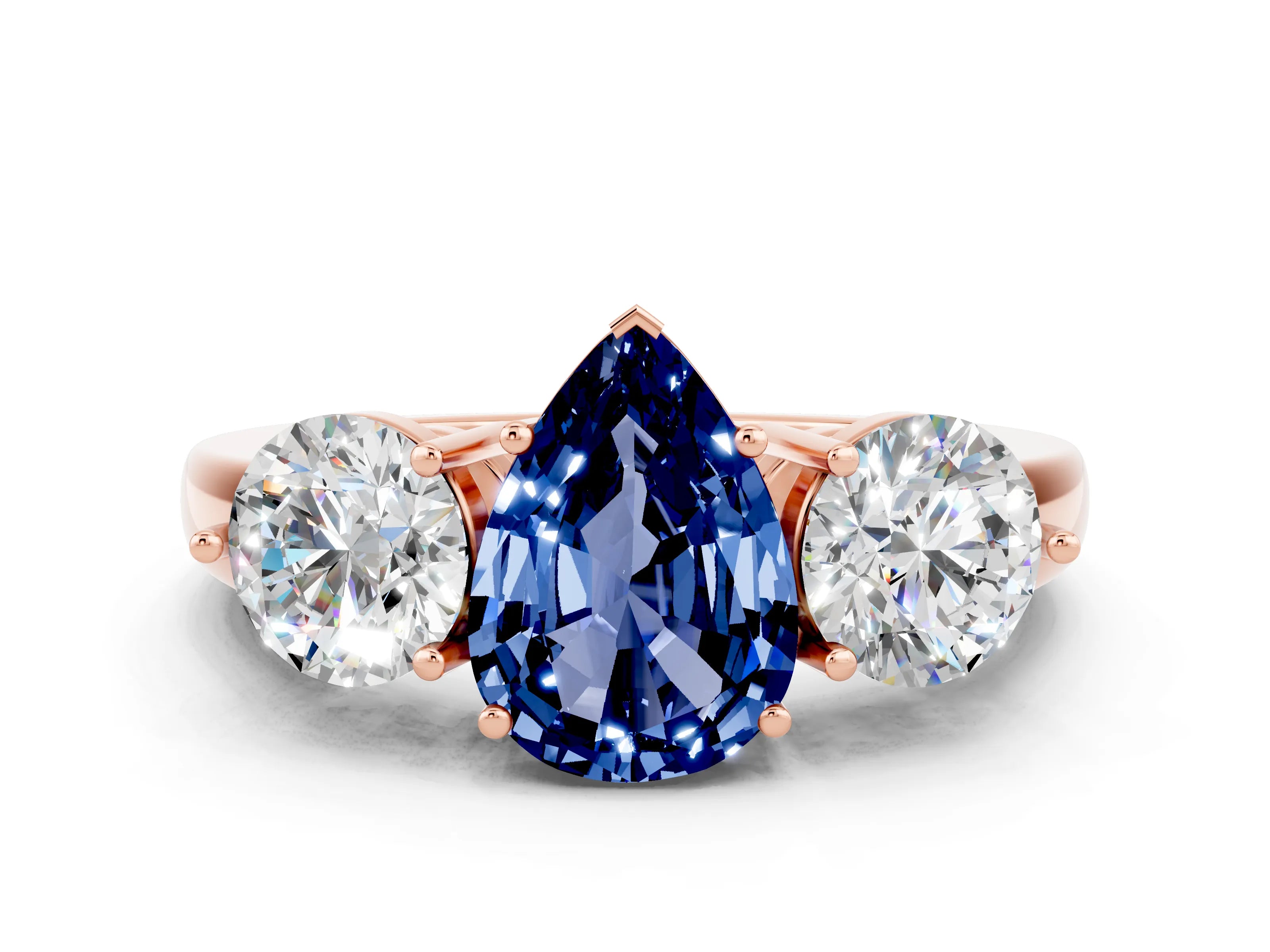 Rose gold Pear Cut Blue Sapphire Three-Stone Ring with Prong Setting and Classic Band