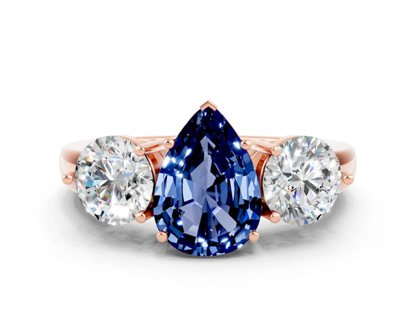 Rose gold Pear Cut Blue Sapphire Three-Stone Ring with Prong Setting and Classic Band