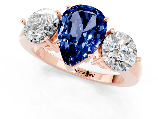 Rose gold Pear Cut Blue Sapphire Three-Stone Ring with Prong Setting and Classic Band