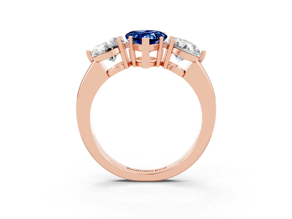 Rose gold Pear Cut Blue Sapphire Three-Stone Ring with Prong Setting and Classic Band
