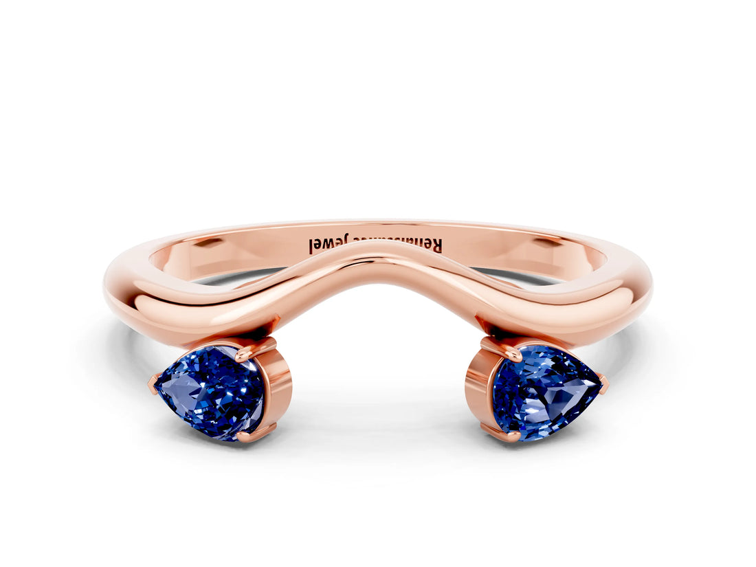 Rose gold Pear Cut Blue Sapphire Two-Stone Open Band Ring with Prong Setting_6