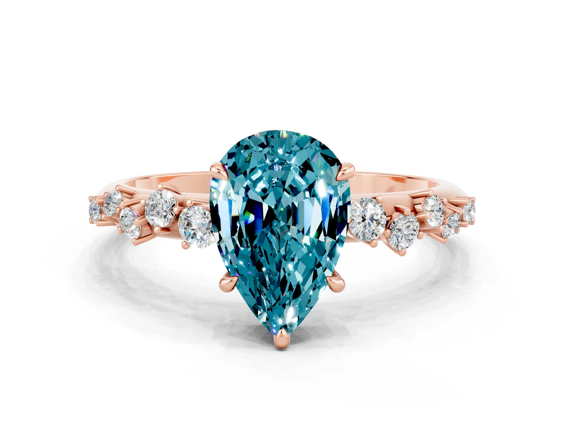 Rose gold Pear Cut Blue Topaz Cluster Side Stone Solitaire Ring with Prong Setting_24