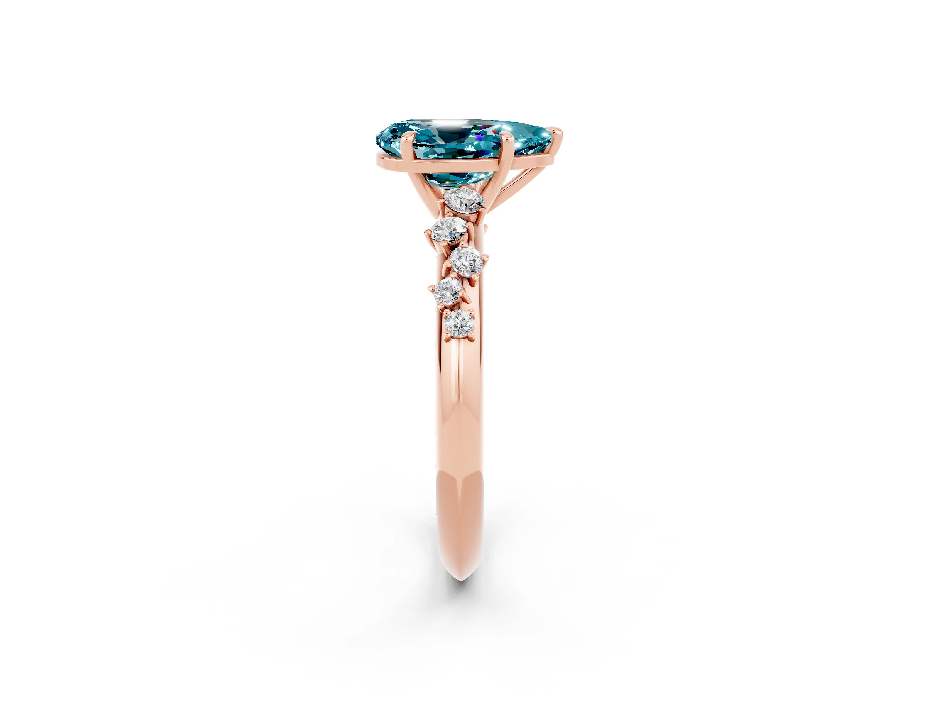 Rose gold Pear Cut Blue Topaz Cluster Side Stone Solitaire Ring with Prong Setting_26