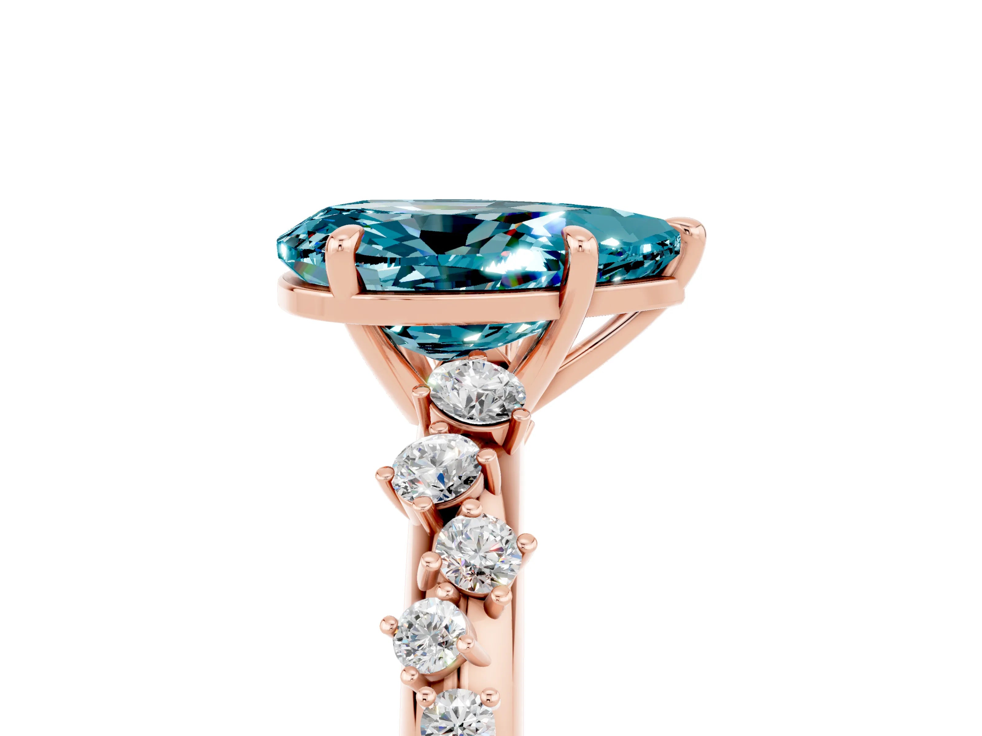 Rose gold Pear Cut Blue Topaz Cluster Side Stone Solitaire Ring with Prong Setting_29