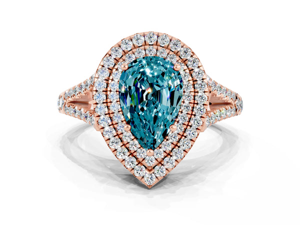Rose gold Pear Cut Blue Topaz Double Halo Ring with Pavé Band and Prong Setting