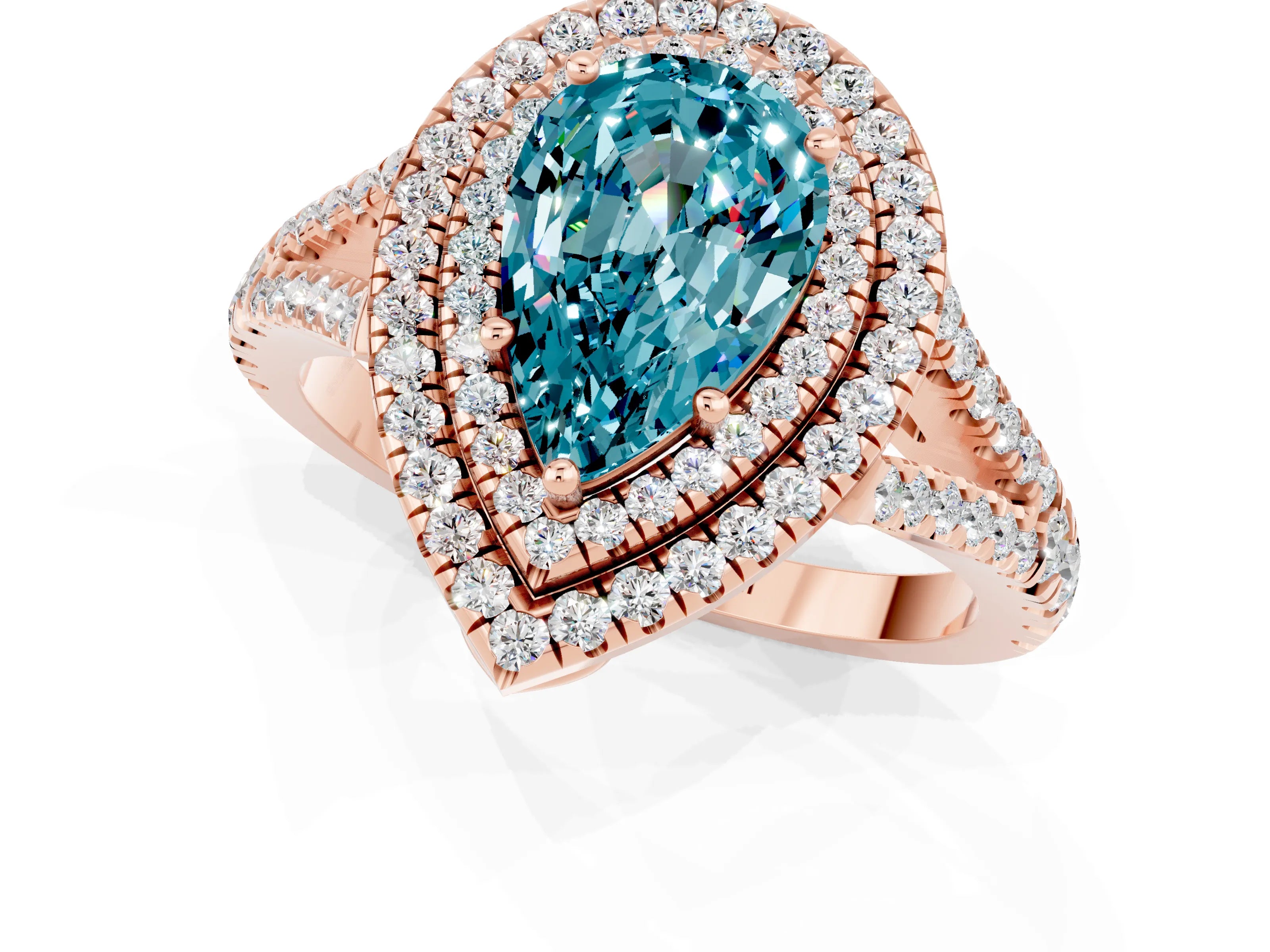 Rose gold Pear Cut Blue Topaz Double Halo Ring with Pavé Band and Prong Setting_13