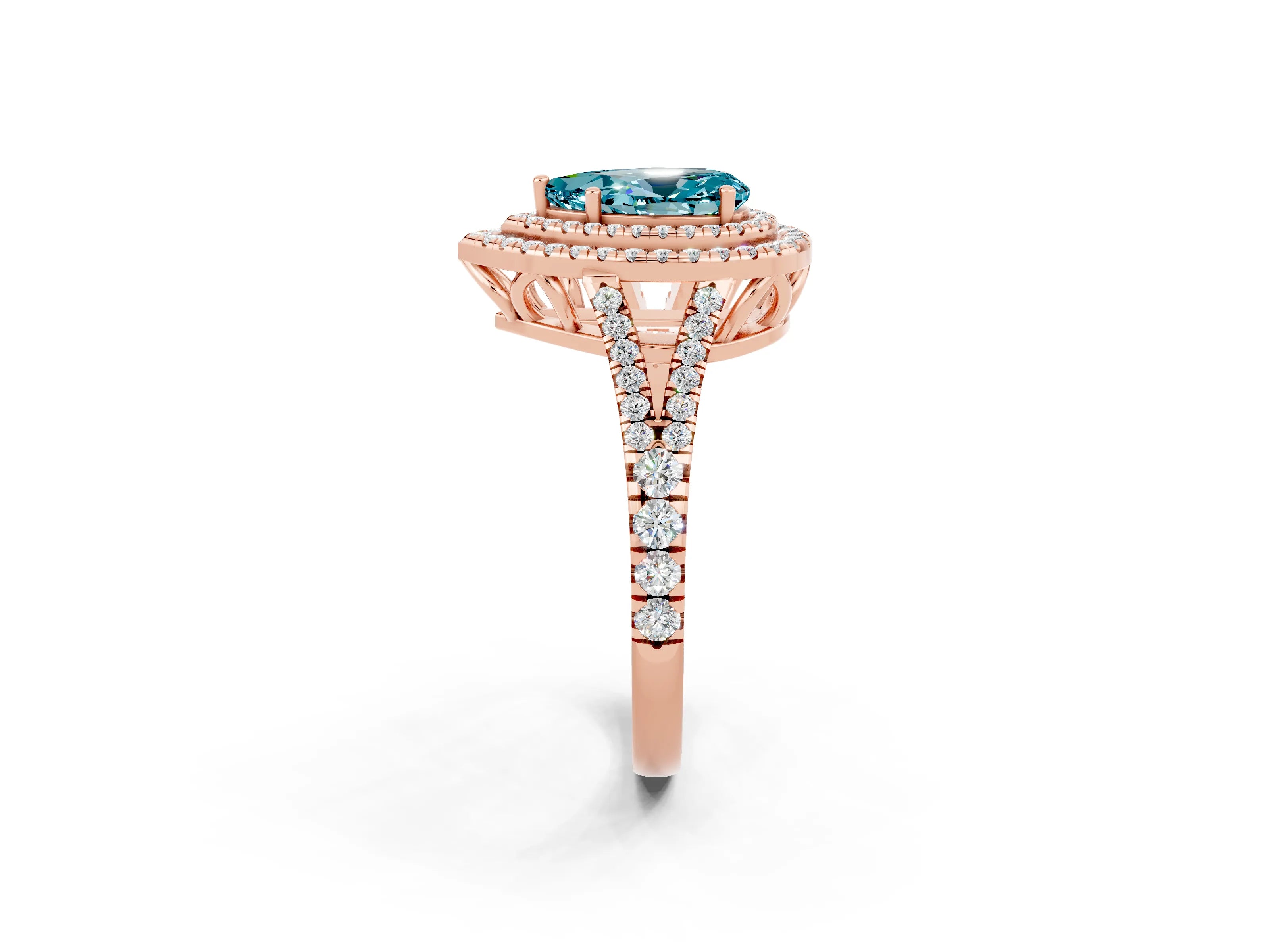 Rose gold Pear Cut Blue Topaz Double Halo Ring with Pavé Band and Prong Setting_14