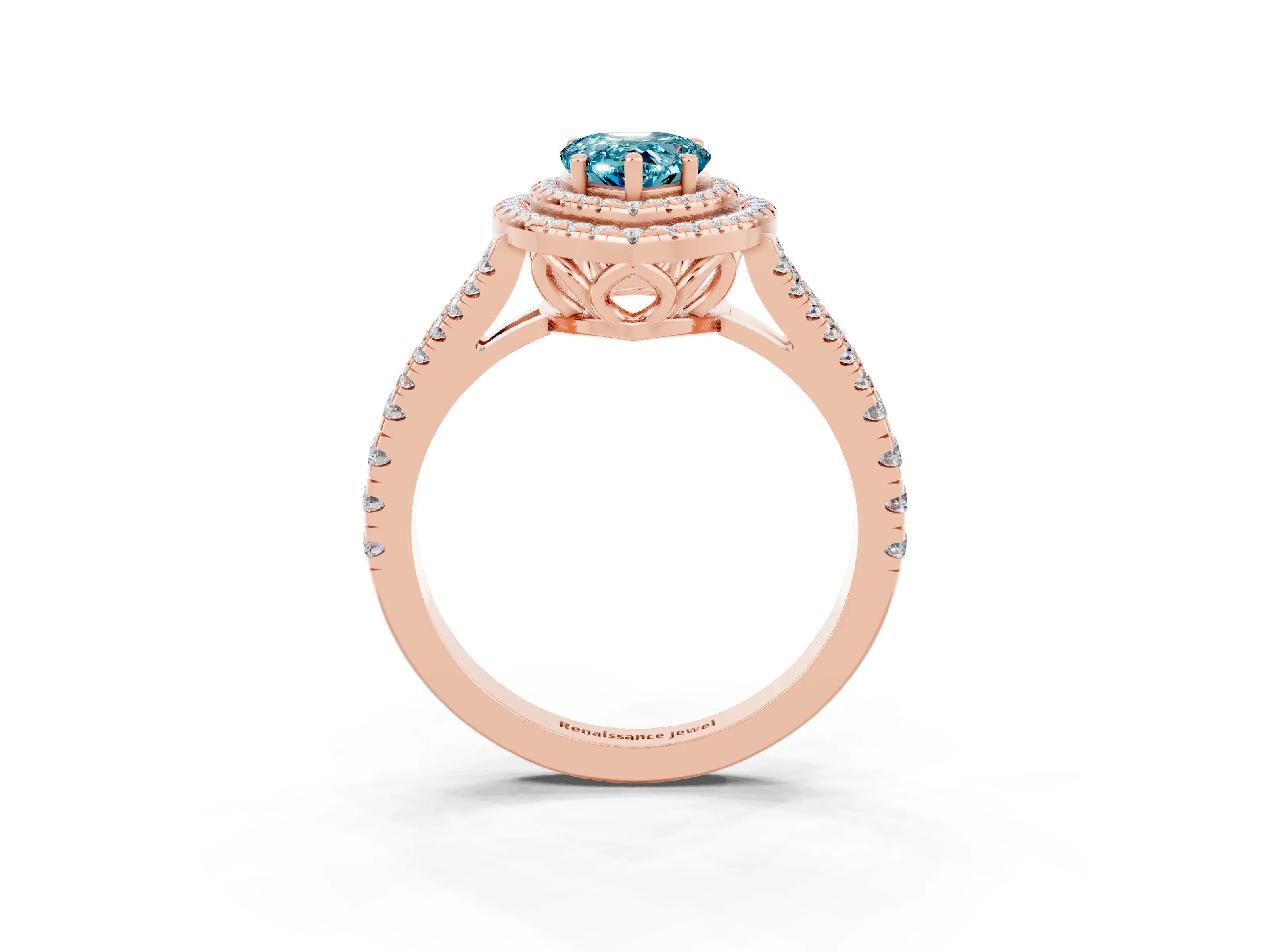 Rose gold Pear Cut Blue Topaz Double Halo Ring with Pavé Band and Prong Setting_15