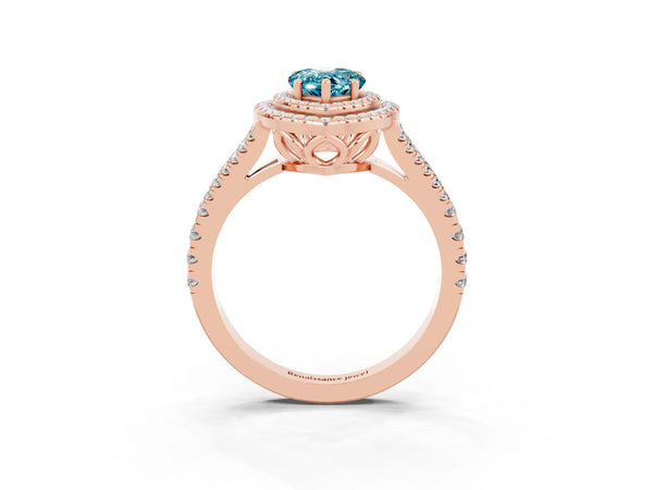 Rose gold Pear Cut Blue Topaz Double Halo Ring with Pavé Band and Prong Setting