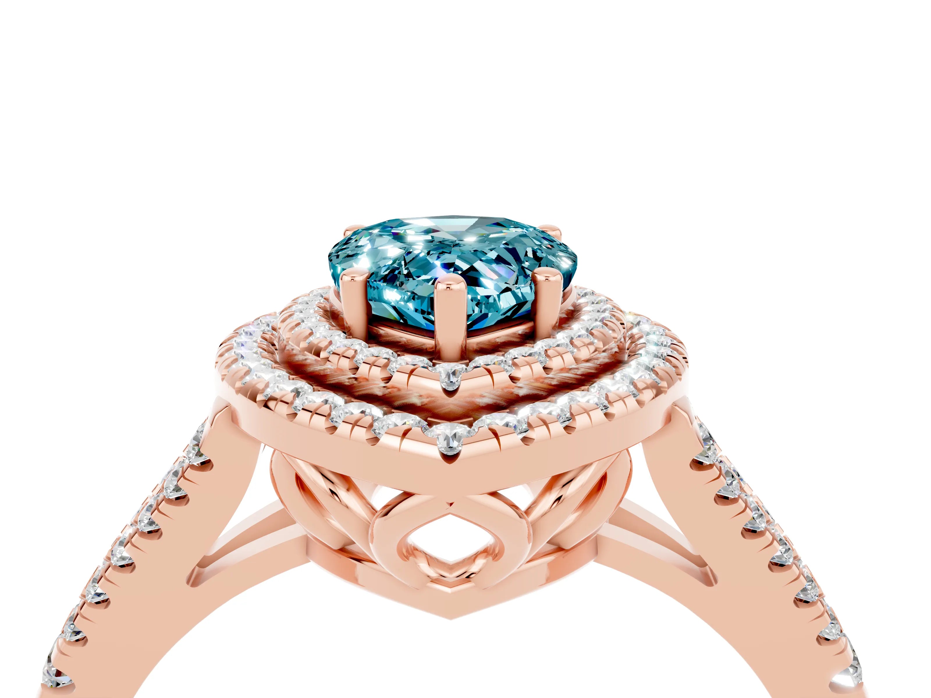 Rose gold Pear Cut Blue Topaz Double Halo Ring with Pavé Band and Prong Setting_16