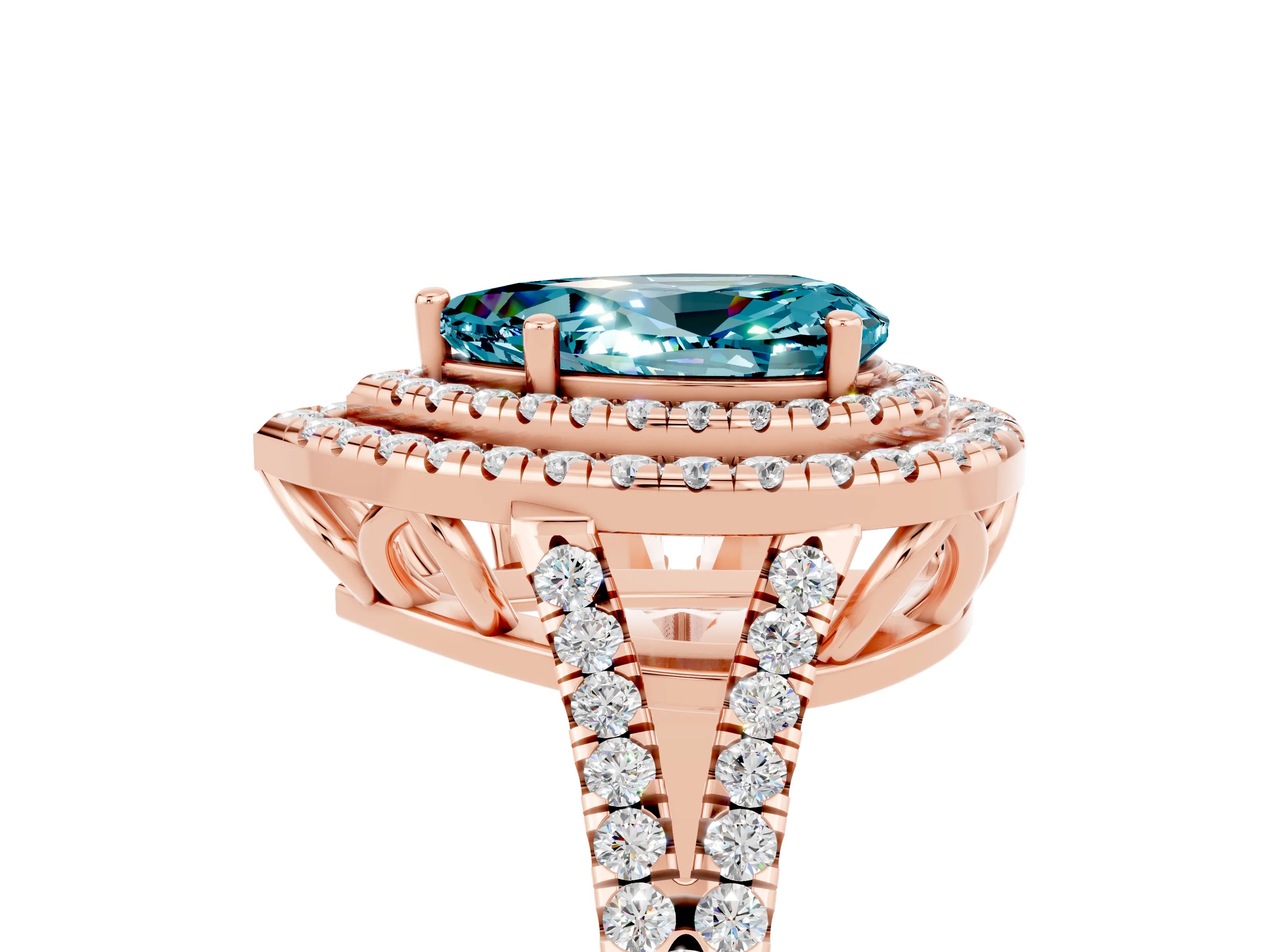 Rose gold Pear Cut Blue Topaz Double Halo Ring with Pavé Band and Prong Setting_17