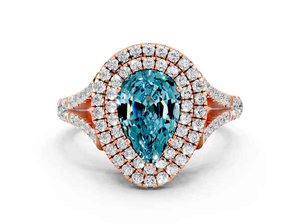 Rose gold Pear Cut Blue Topaz Double Halo Ring with Split Shank and Prong Setting