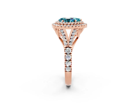 Rose gold Pear Cut Blue Topaz Double Halo Ring with Split Shank and Prong Setting_14