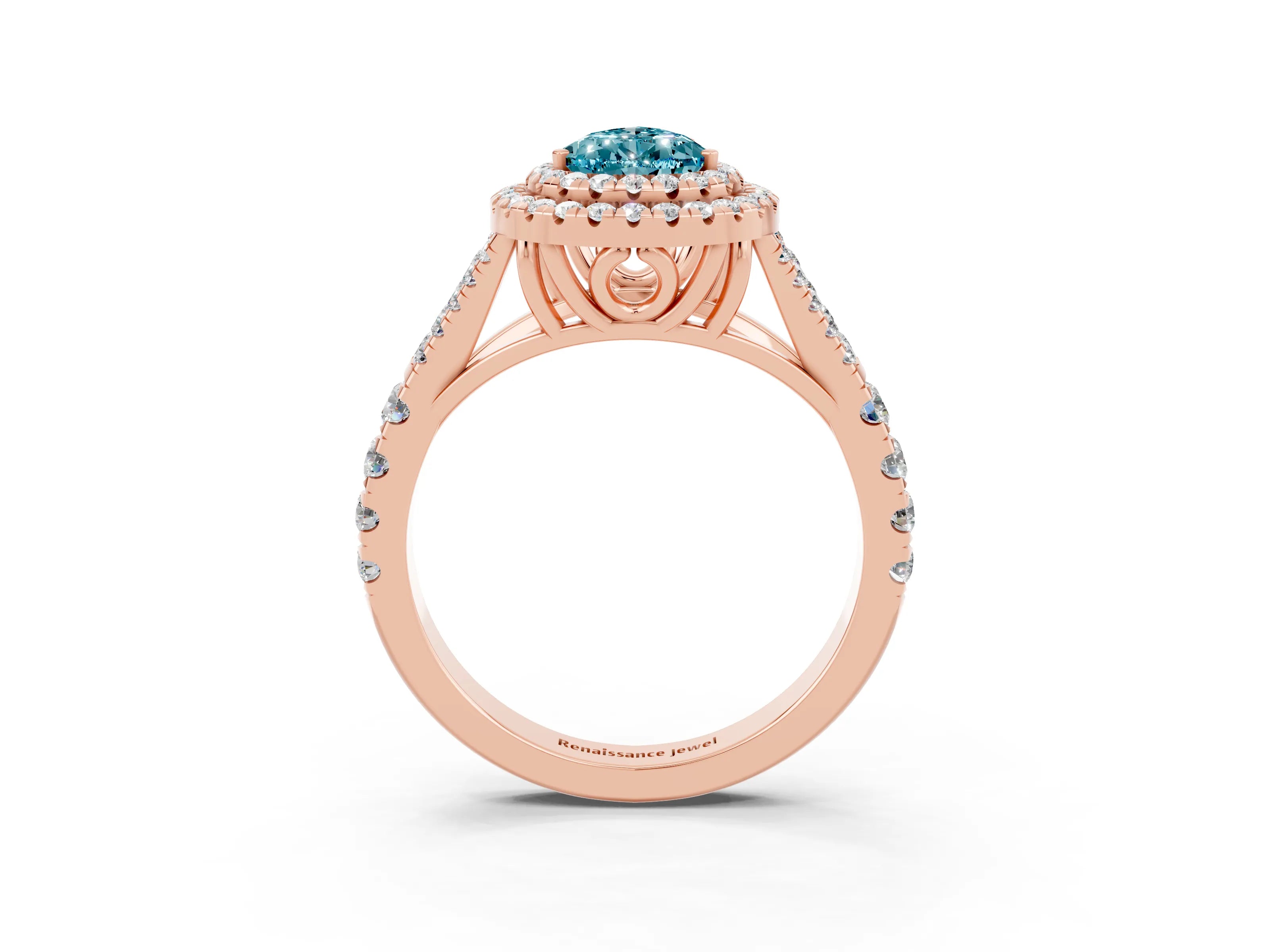 Rose gold Pear Cut Blue Topaz Double Halo Ring with Split Shank and Prong Setting_15