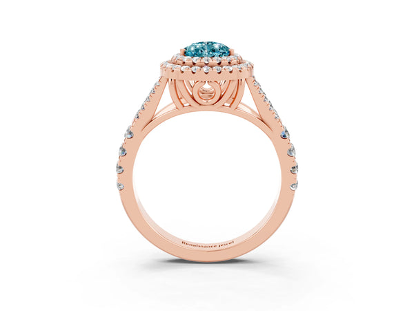 Rose gold Pear Cut Blue Topaz Double Halo Ring with Split Shank and Prong Setting