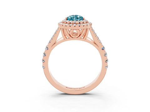 Rose gold Pear Cut Blue Topaz Double Halo Ring with Split Shank and Prong Setting_15