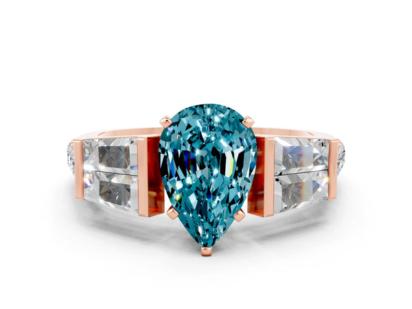 Rose gold Pear Cut Blue Topaz Engagement Ring with Baguette Side Stones and Channel Set Band