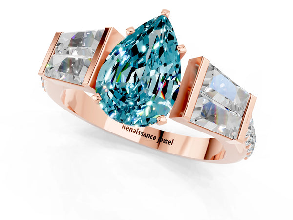 Rose gold Pear Cut Blue Topaz Engagement Ring with Baguette Side Stones and Channel Set Band