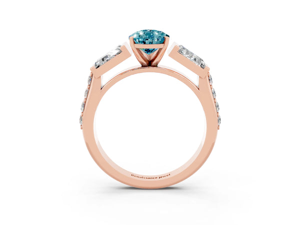 Rose gold Pear Cut Blue Topaz Engagement Ring with Baguette Side Stones and Channel Set Band