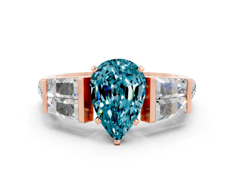 Rose gold Pear Cut Blue Topaz Engagement Ring with Baguette Side Stones and Channel Set Band