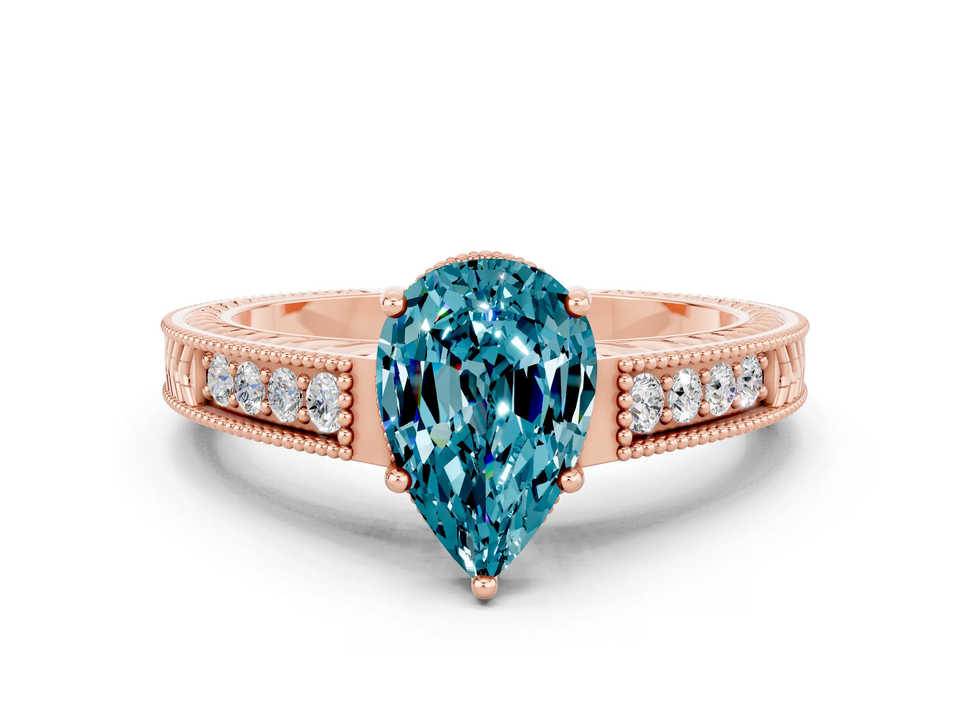 Rose gold Pear Cut Blue Topaz Engagement Ring with Milgrain Channel Set Band and Prong Setting