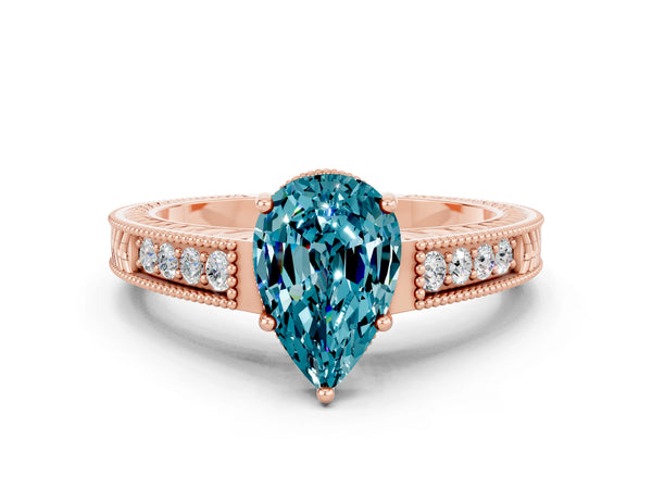 Rose gold Pear Cut Blue Topaz Engagement Ring with Milgrain Channel Set Band and Prong Setting