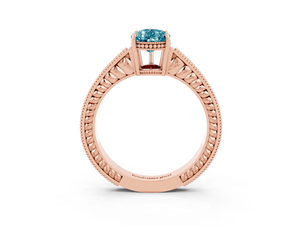 Rose gold Pear Cut Blue Topaz Engagement Ring with Milgrain Channel Set Band and Prong Setting