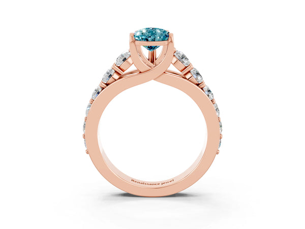 Rose gold Pear Cut Blue Topaz Engagement Ring with Pavé Band and Four-Prong Setting