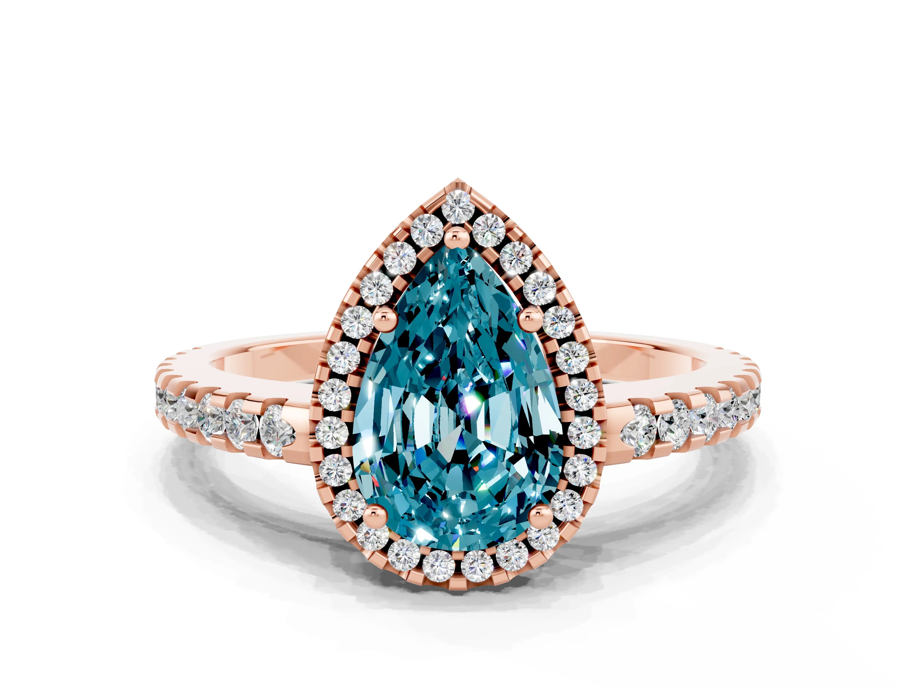 Rose gold Pear Cut Blue Topaz Halo Engagement Ring with Pavé Band and Prong Setting_12