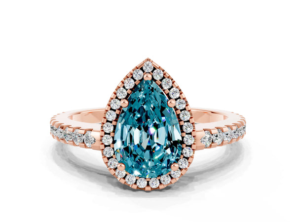 Rose gold Pear Cut Blue Topaz Halo Engagement Ring with Pavé Band and Prong Setting