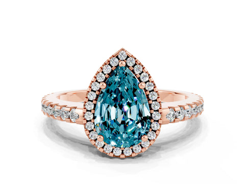 Rose gold Pear Cut Blue Topaz Halo Engagement Ring with Pavé Band and Prong Setting_12