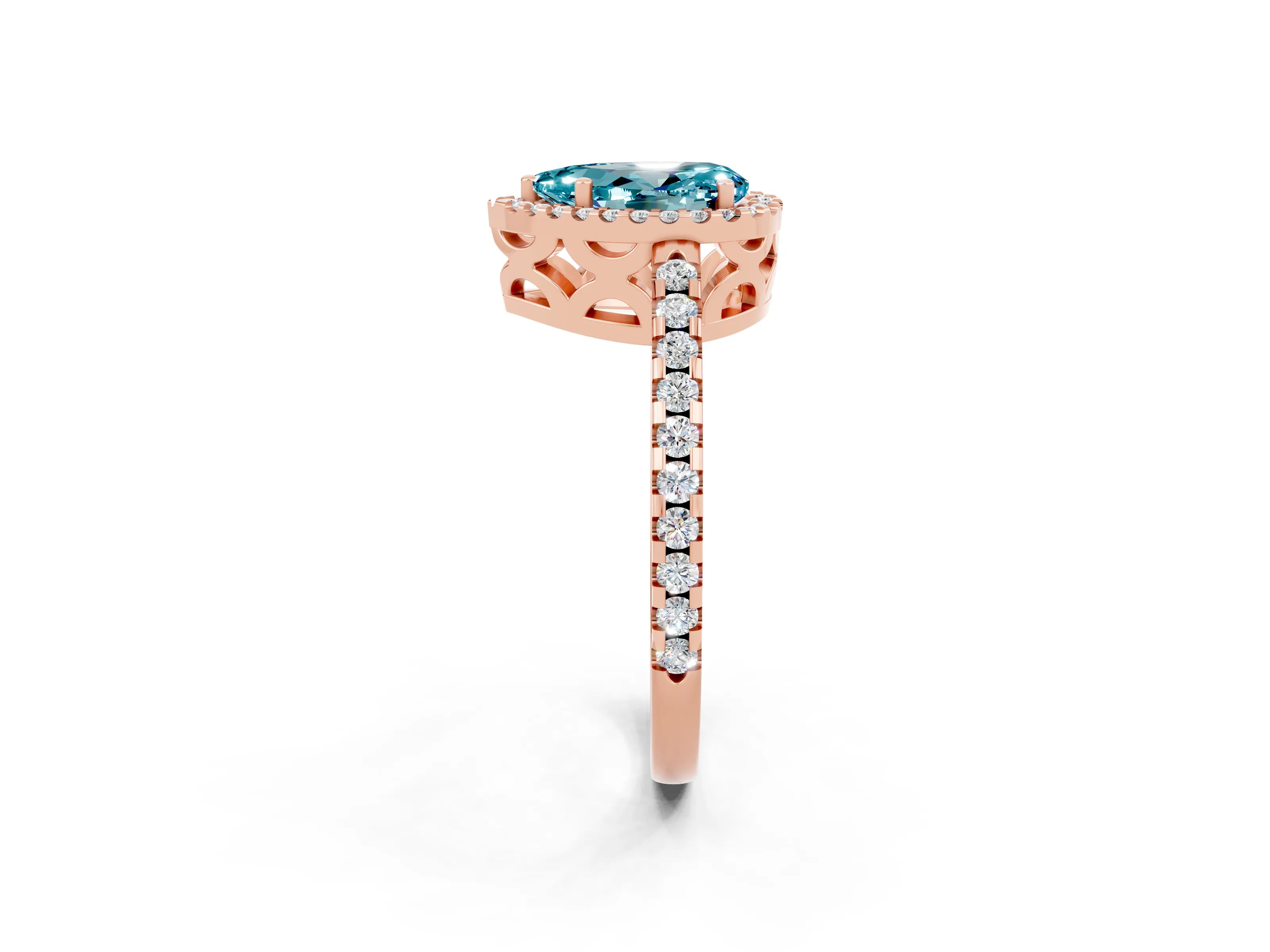 Rose gold Pear Cut Blue Topaz Halo Engagement Ring with Pavé Band and Prong Setting_14