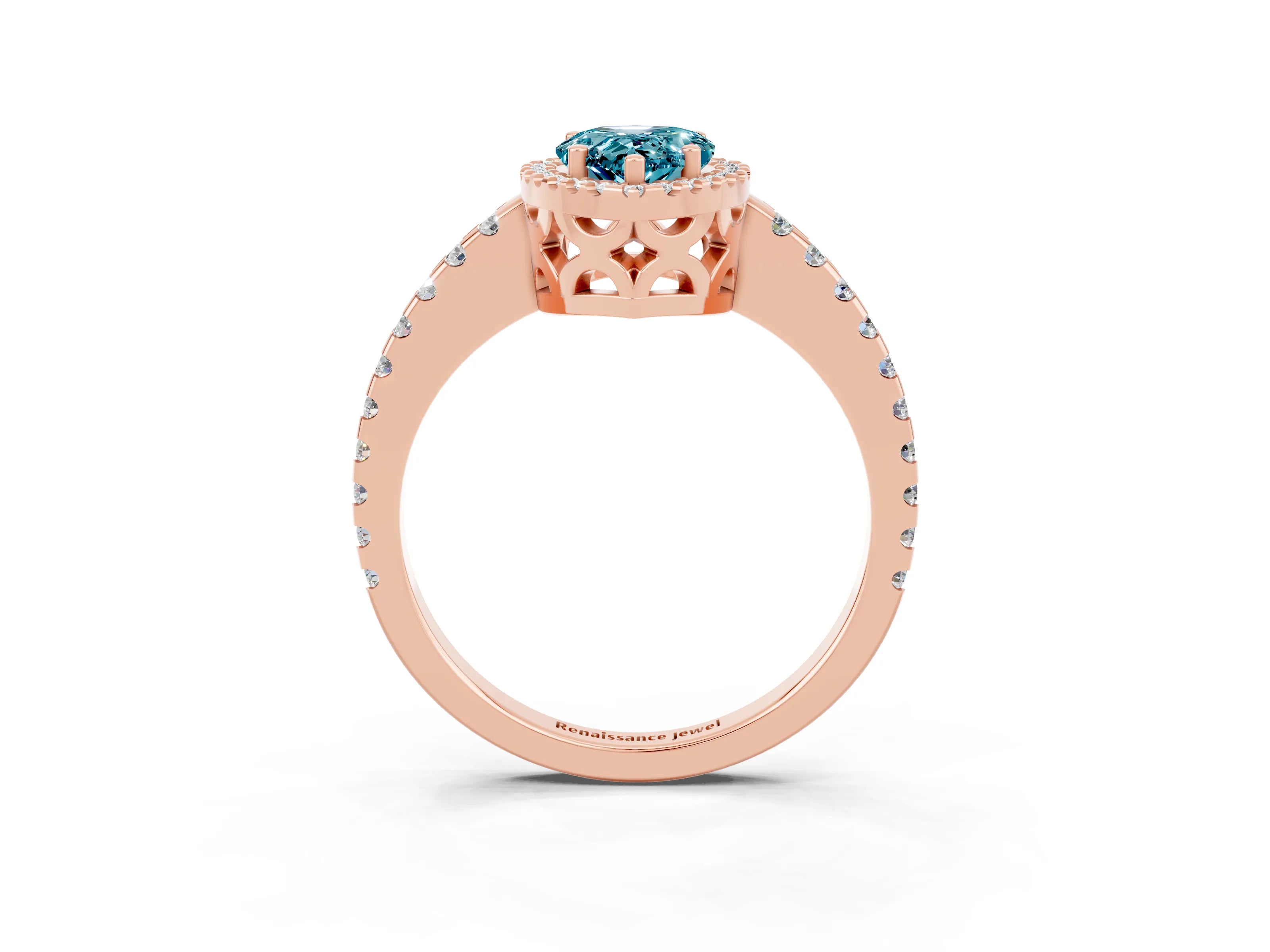 Rose gold Pear Cut Blue Topaz Halo Engagement Ring with Pavé Band and Prong Setting_15