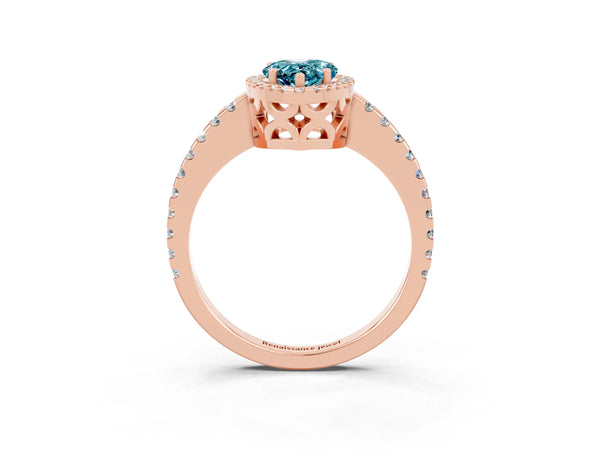 Rose gold Pear Cut Blue Topaz Halo Engagement Ring with Pavé Band and Prong Setting