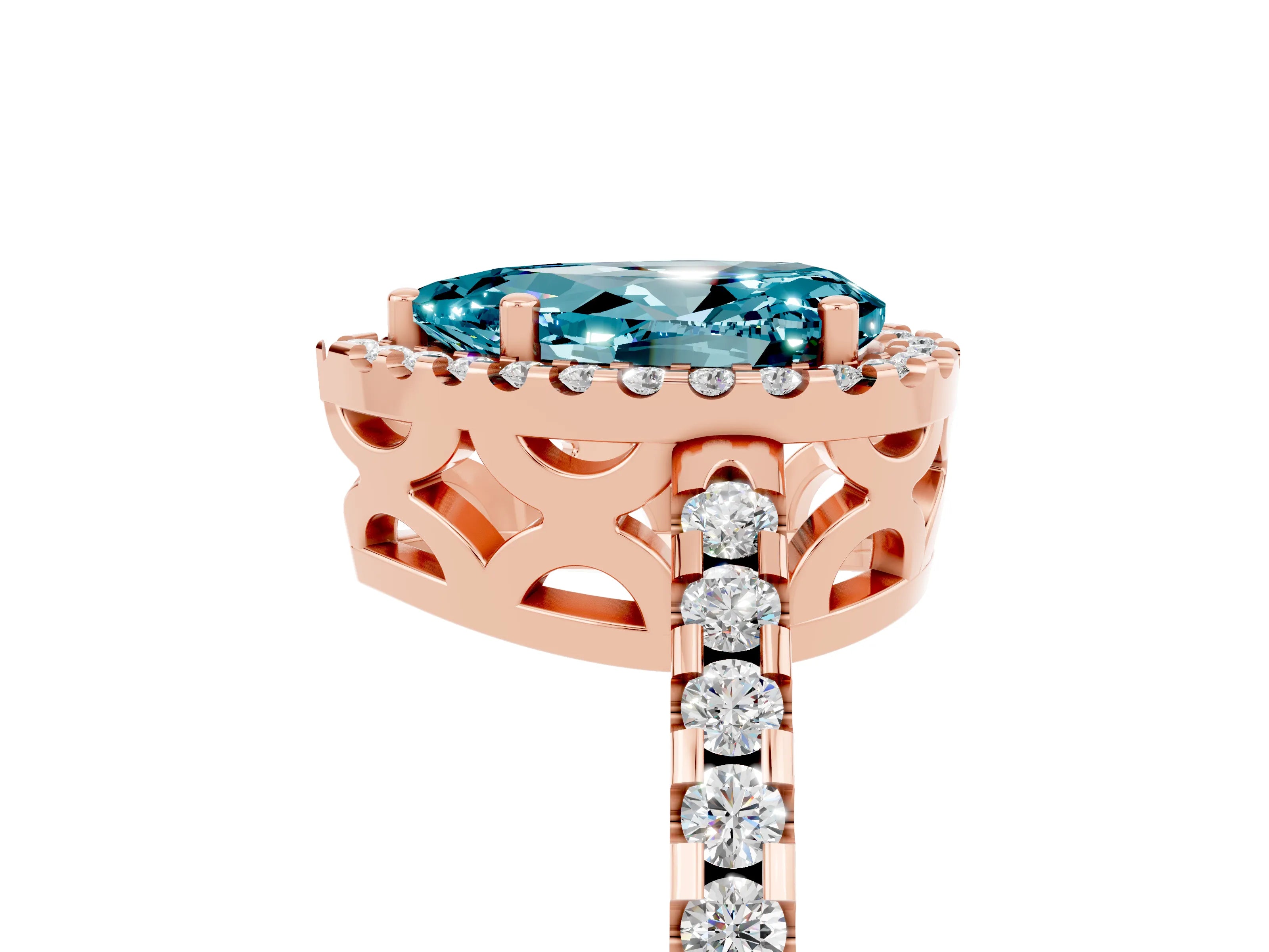 Rose gold Pear Cut Blue Topaz Halo Engagement Ring with Pavé Band and Prong Setting_17