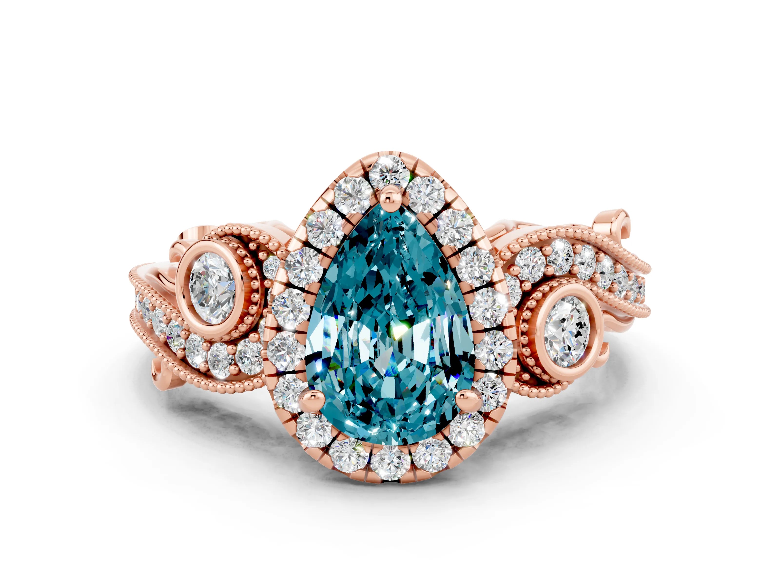 Rose gold Pear Cut Blue Topaz Halo Ring with Milgrain Pavé Band and Four-Prong Setting_12