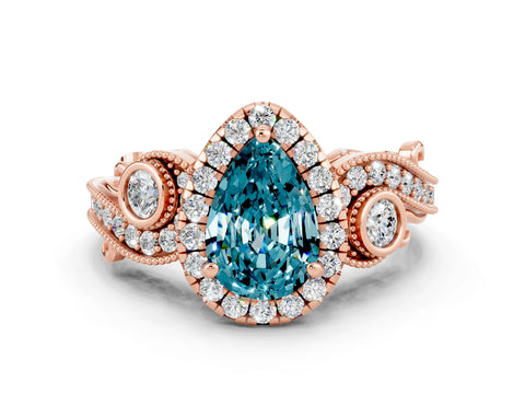 Rose gold Pear Cut Blue Topaz Halo Ring with Milgrain Pavé Band and Four-Prong Setting_12