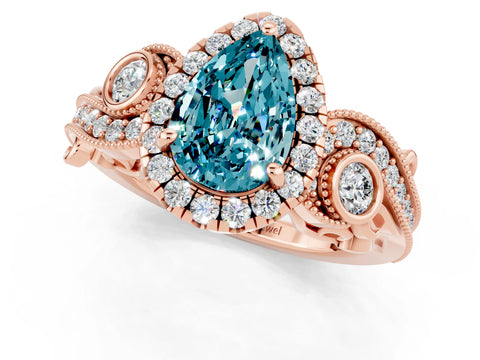 Rose gold Pear Cut Blue Topaz Halo Ring with Milgrain Pavé Band and Four-Prong Setting_13
