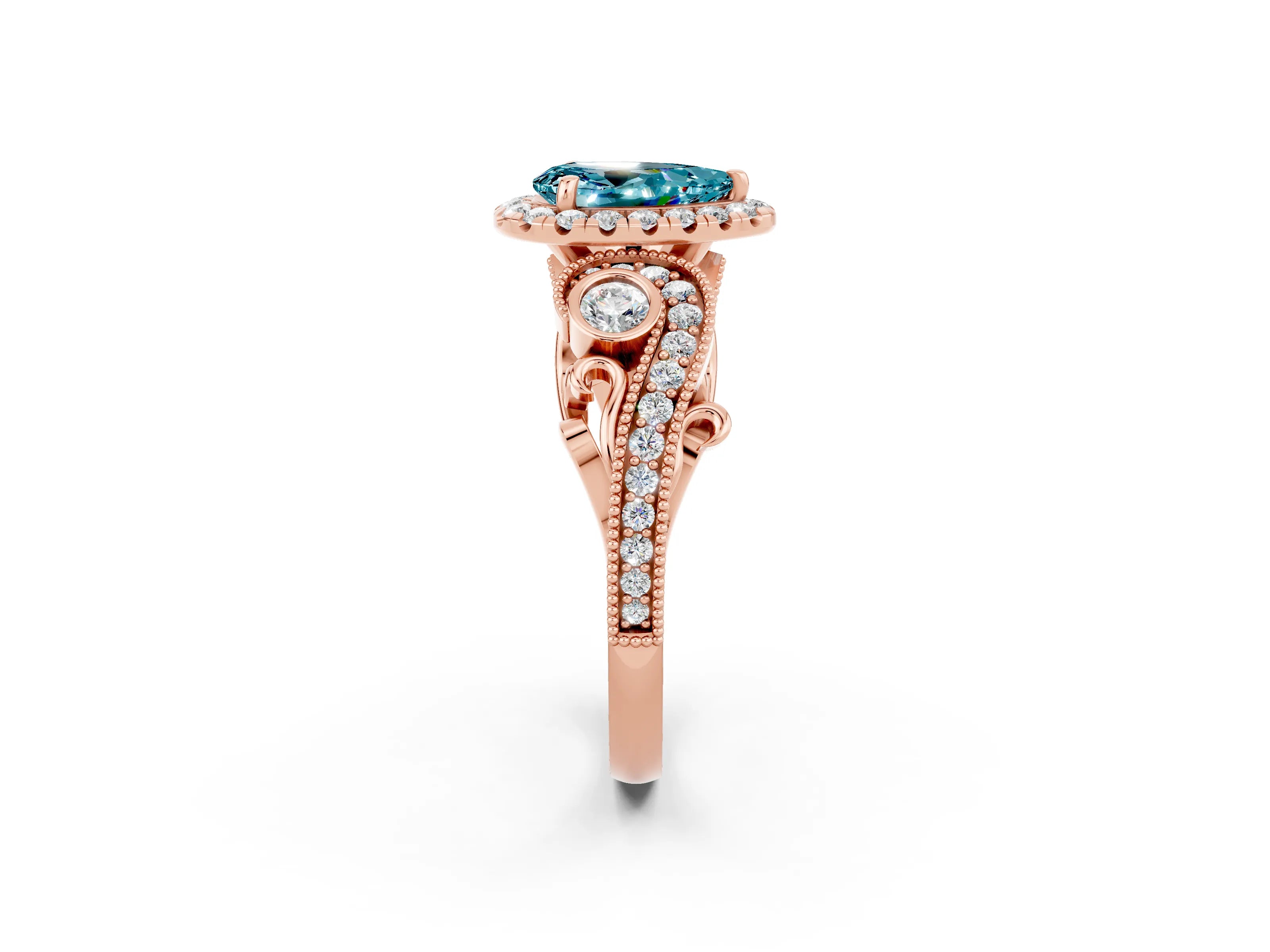 Rose gold Pear Cut Blue Topaz Halo Ring with Milgrain Pavé Band and Four-Prong Setting_14